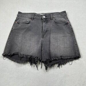 H&M Womens Denim Jean Shorts 10 Black High Rise Faded Distressed Frayed Hem